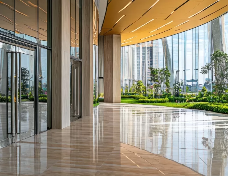 Modern building lobby with tall glass windows, polished floors, and an outdoor garden visible through the windows.