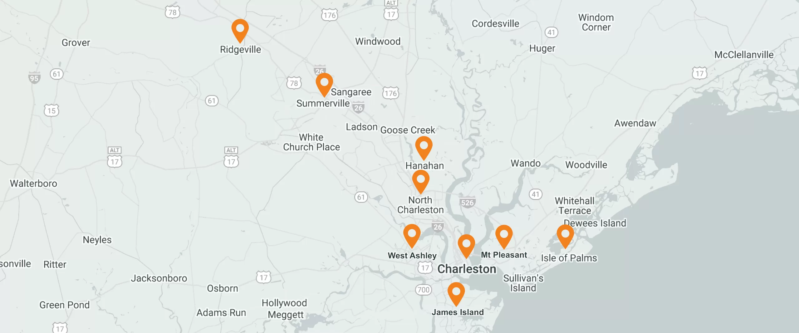 Stylized map of Charleston, highlighting areas like Ridgeville, Summerville, North Charleston, and James Island.