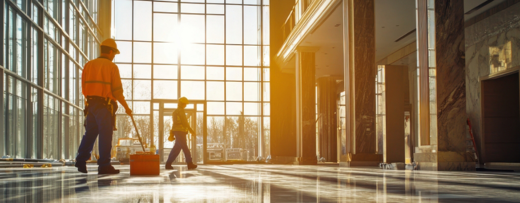 Two workers in safety gear clean the shiny floor of a large, sunlit building lobby with tall glass windows and marble columns, showcasing expert Commercial Property Maintenance Services.